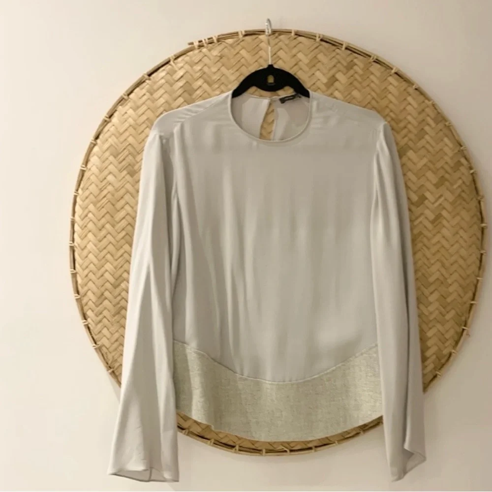 Stunning 100% Silk Light Grey JOSEPH Blouse w/ Wool Felt Detailing‎
